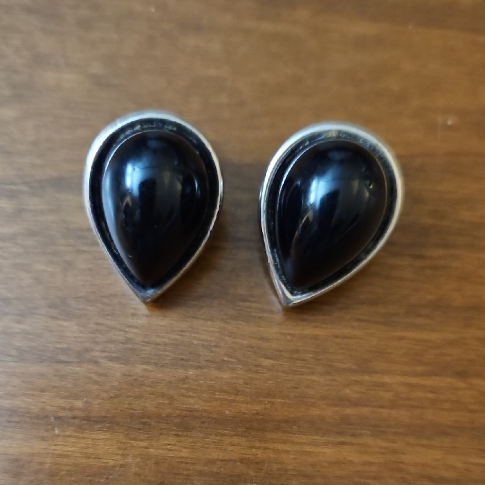 Black Teardrop Clip Earrings with Silver Trim